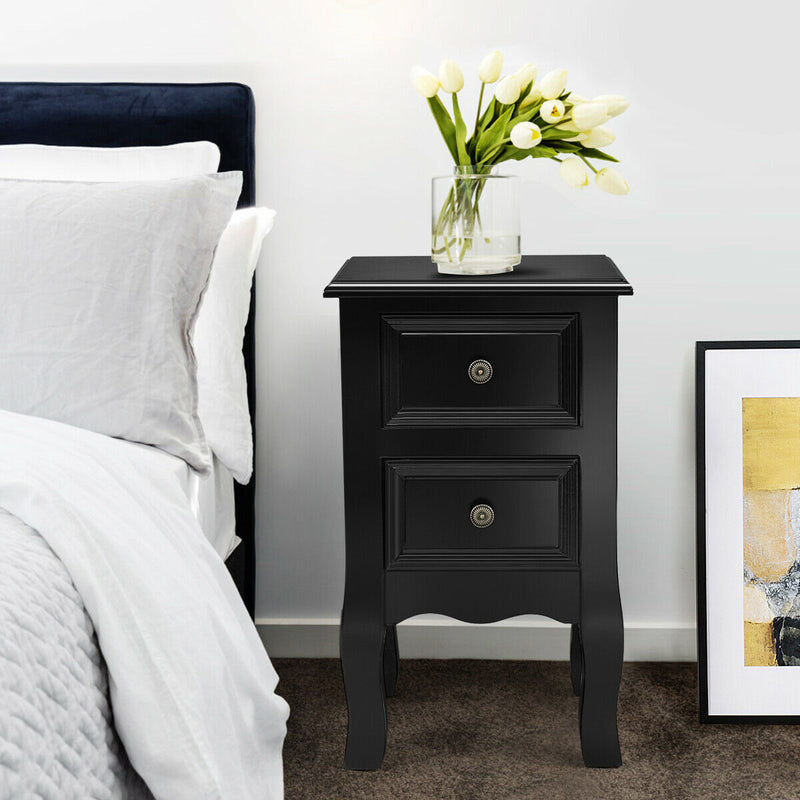 Black Night Stand w/ 2 Storage Drawers, Wood End Accent Table