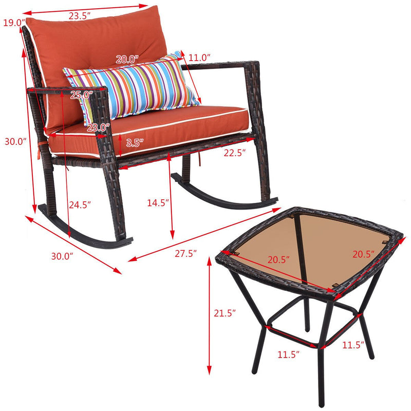 3 PCS Patio Rattan Wicker Furniture Set Rocking Chair Coffee Table W/Cushions