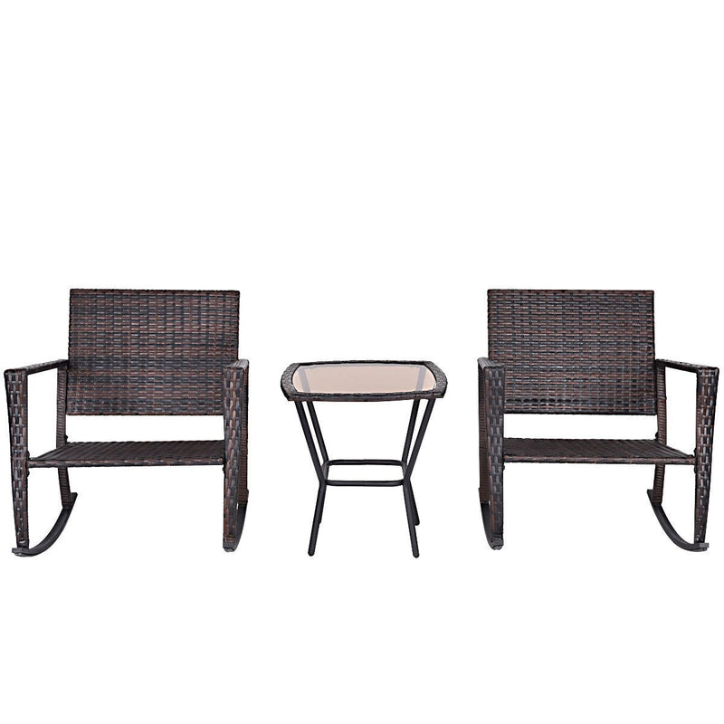 3 PCS Patio Rattan Wicker Furniture Set Rocking Chair Coffee Table W/Cushions