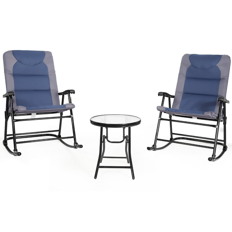 3PCS Folding Bistro Set Rocking Chair Cushioned Table Garden Blue