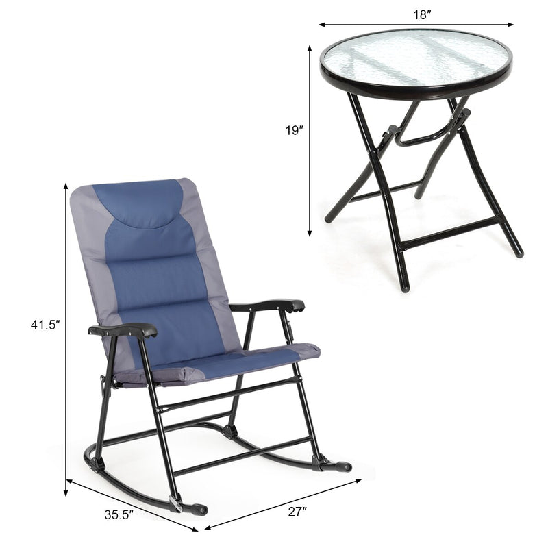 3PCS Folding Bistro Set Rocking Chair Cushioned Table Garden Blue