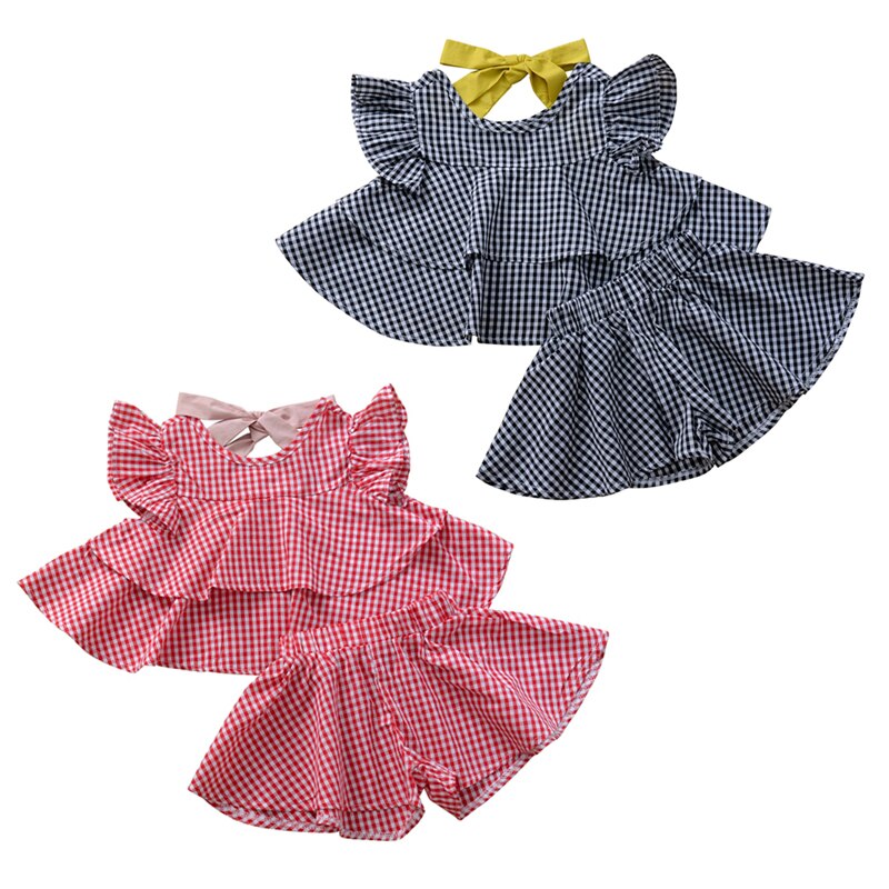 Children Set Baby Girls Casual Flare Sleeve Short T-shirt Tops+Paild Shorts With Bowknot Sashes