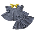 Children Set Baby Girls Casual Flare Sleeve Short T-shirt Tops+Paild Shorts With Bowknot Sashes