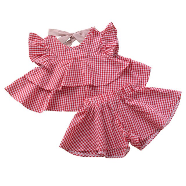 Children Set Baby Girls Casual Flare Sleeve Short T-shirt Tops+Paild Shorts With Bowknot Sashes