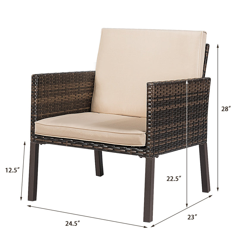 5PCS Rattan Patio Furniture Set Chairs Ottoman Cushioned Garden Lawn Brown
