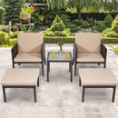5PCS Rattan Patio Furniture Set Chairs Ottoman Cushioned Garden Lawn Brown