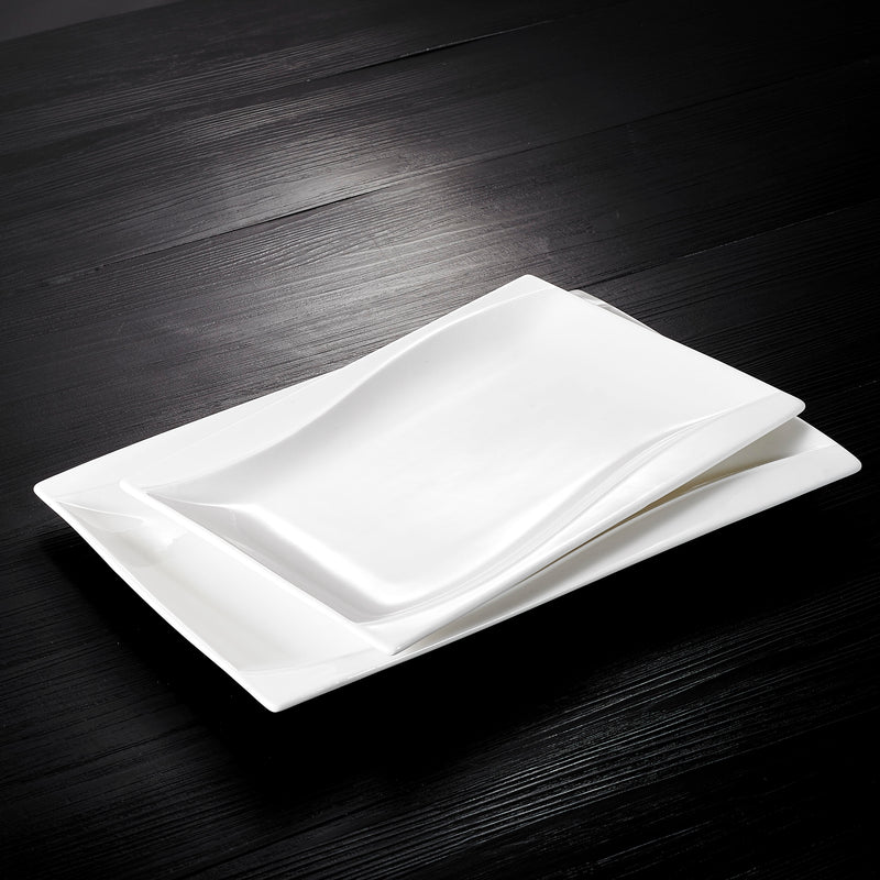 4-Piece Ivory White Porcelain Dinner Plate Set with 11" & 13.25" Rectangular Plate Snack Platters