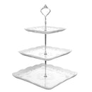 3 Tier White Dessert Cake Tower Stand 14.5" Tall Porcelain Server Display Holder w/ Silver Handle