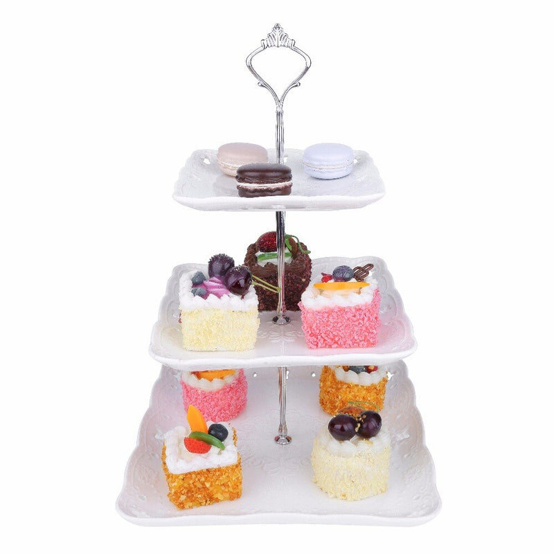 3 Tier White Dessert Cake Tower Stand 14.5" Tall Porcelain Server Display Holder w/ Silver Handle