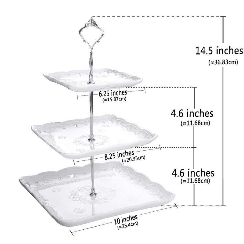 3 Tier White Dessert Cake Tower Stand 14.5" Tall Porcelain Server Display Holder w/ Silver Handle