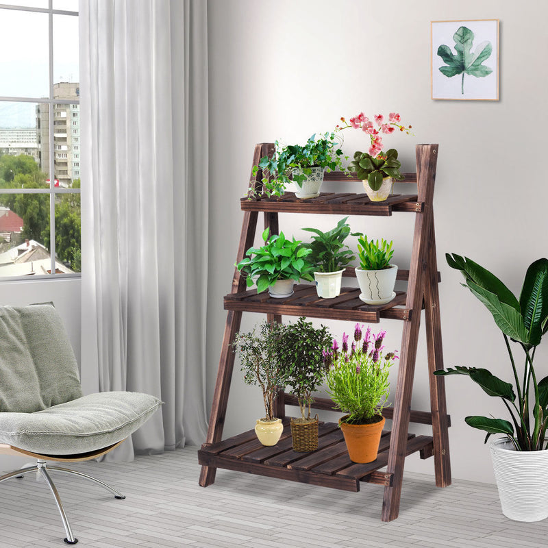 3 Tier Outdoor Wood Design Flower Pot Shelf Stand Folding Display Rack Garden