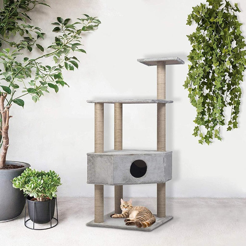 Cat Tree Modern Pet Toy Scratching Post Grey Cat Tower Climbing Frame