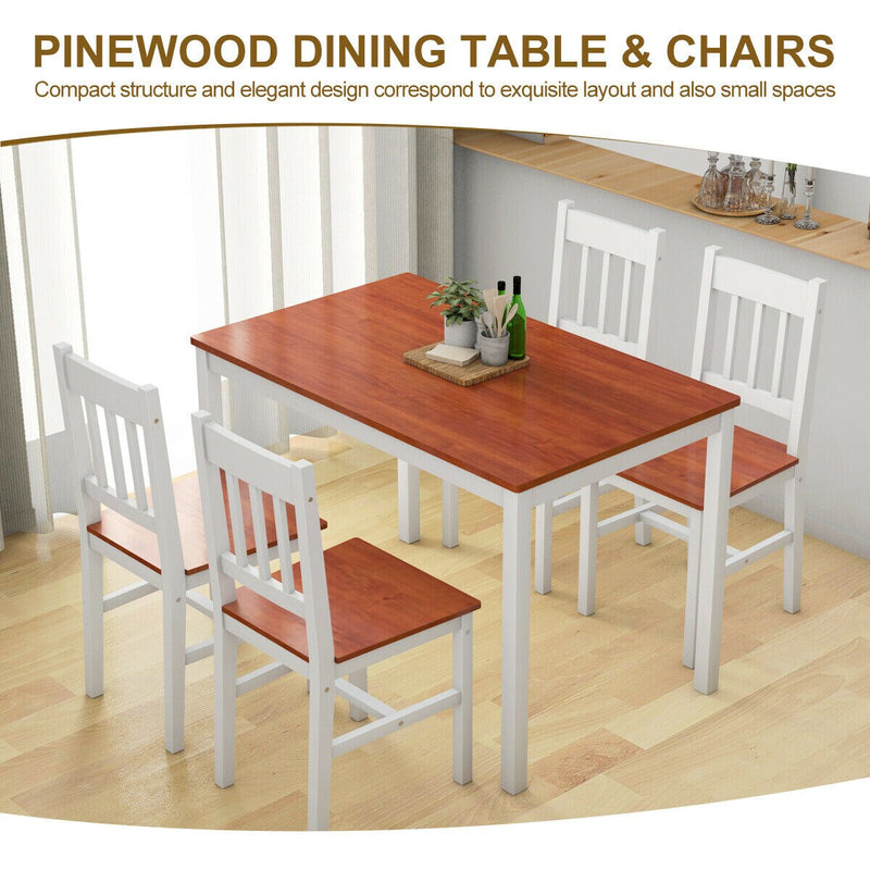 5PCS Pine Wood Dinette Dining Set Table and 4 Chairs Home Kitchen Furniture