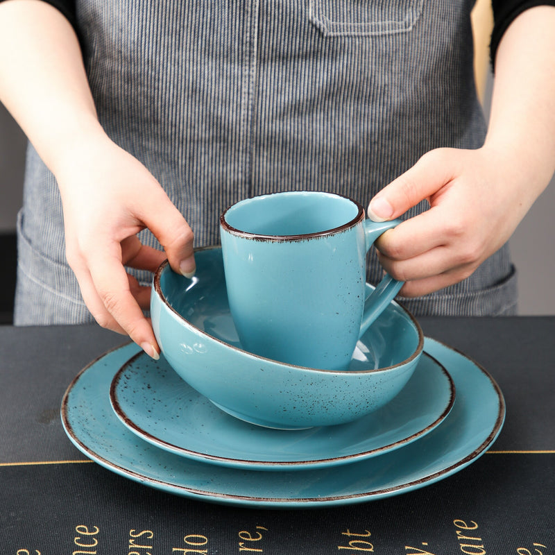 Blue Vintage Look 4-Piece Stoneware Ceramic Dinnerware Set