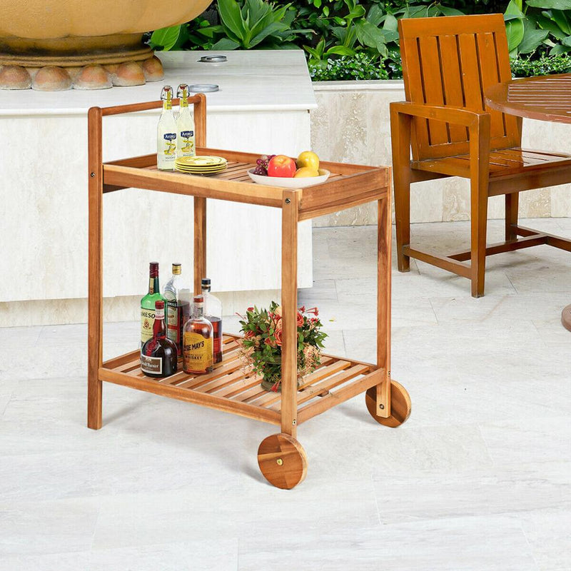 2-Tier Acacia Rolling Kitchen Trolley Cart Dining Serving Cart Outdoor w/ Wheels