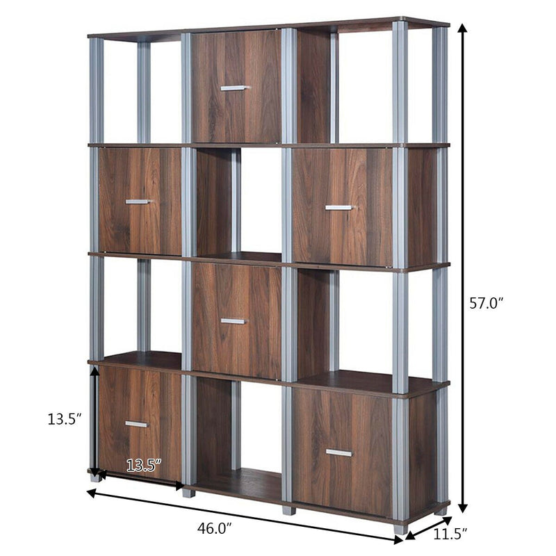 4-Tier Storage Shelf 12 Cube Organizer Unit Display Bookcase Walnut W/6 Doors