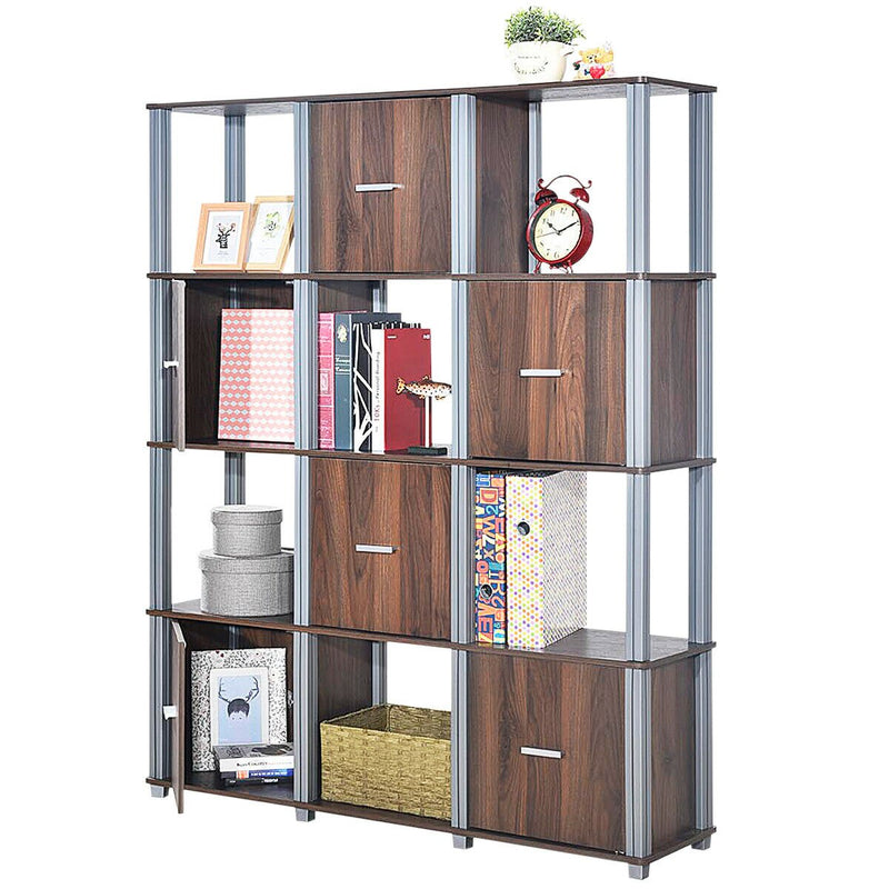 4-Tier Storage Shelf 12 Cube Organizer Unit Display Bookcase Walnut W/6 Doors