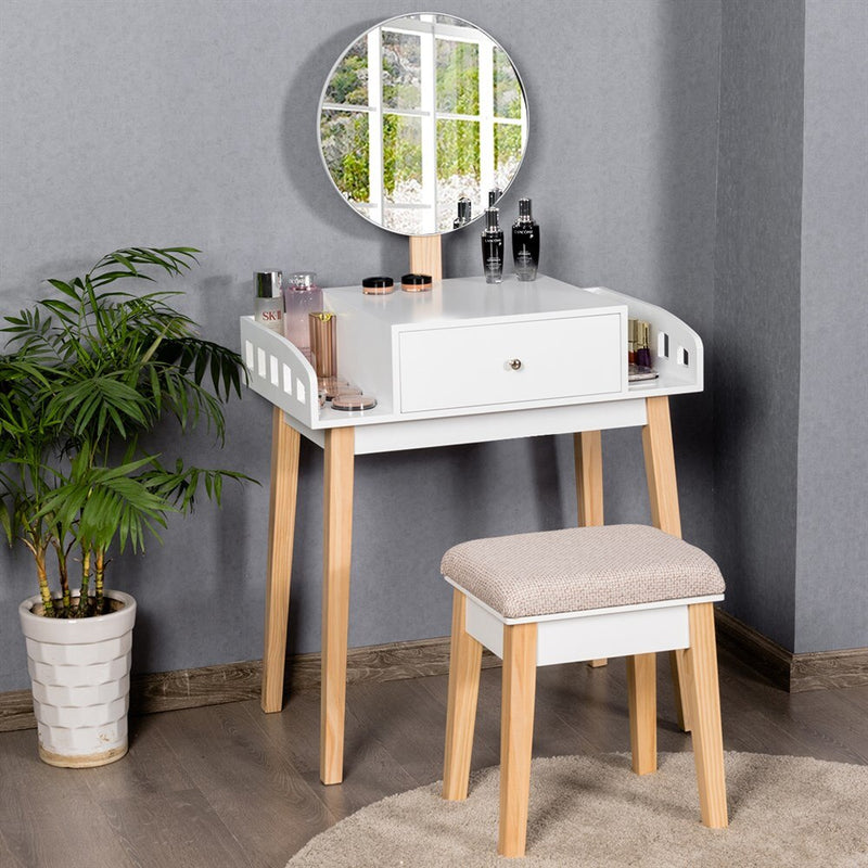 Wooden Vanity Makeup Dressing Table Stool Round 1 Drawer