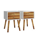 2PCS Wooden Nightstand Mid-Century End Side Table W/2 Storage Drawers