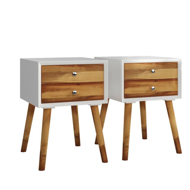2PCS Wooden Nightstand Mid-Century End Side Table W/2 Storage Drawers