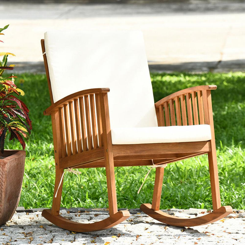 Outdoor Acacia Wood Rocking Chair Patio Backyard Garden Lawn W/ Cushion