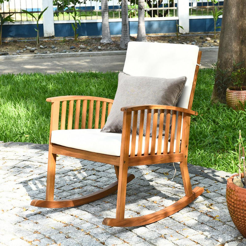 Outdoor Acacia Wood Rocking Chair Patio Backyard Garden Lawn W/ Cushion