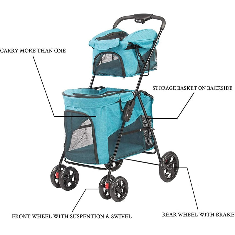 Folding Dog Stroller Travel Cage Stroller for Pet Cat Kitten Puppy Carriages Large 4 Wheels