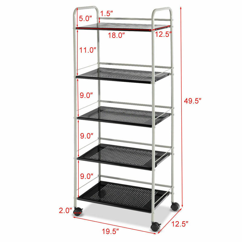 5 Tiers Storage Cart Rack Mesh Shelf Utility Organizer Casters Multifunction
