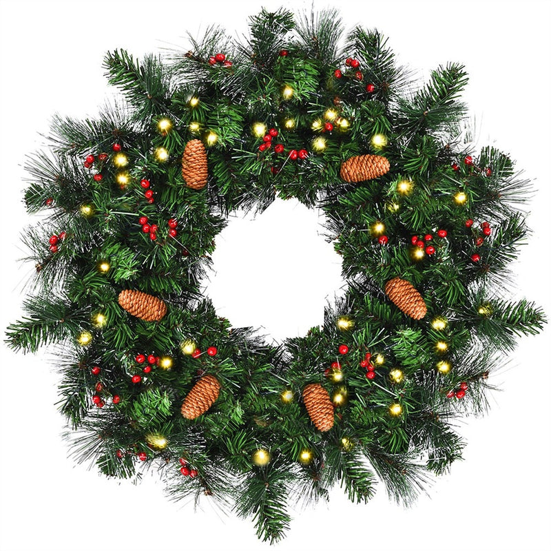 24" Pre-Lit Artificial Spruce Christmas Wreath Pinecone Red Berries w/ Timer