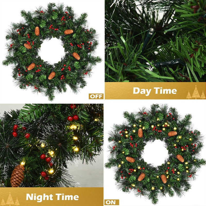 24" Pre-Lit Artificial Spruce Christmas Wreath Pinecone Red Berries w/ Timer