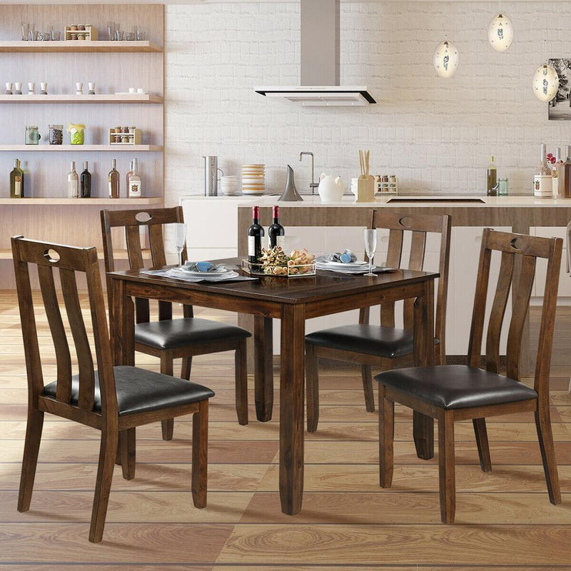 5-Piece Wood Dining Table Set Square Table with 4 Upholstered Seat Chairs HW64426