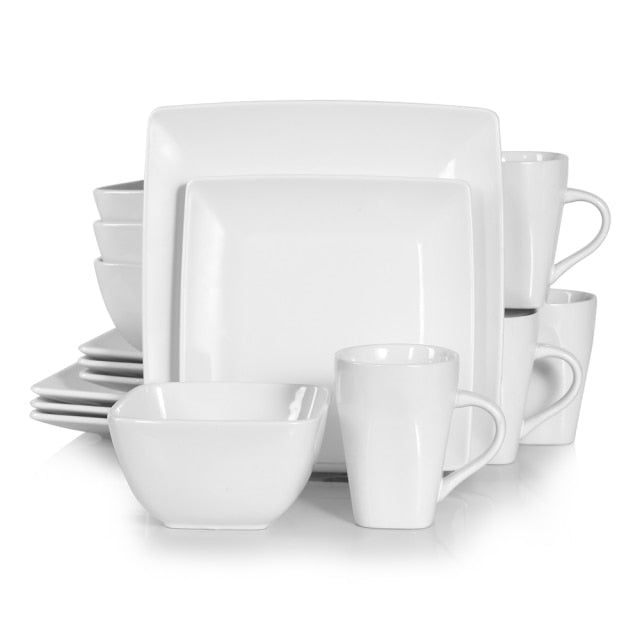 16/32/48-Piece White Ceramic Porcelain Square Dinnerware