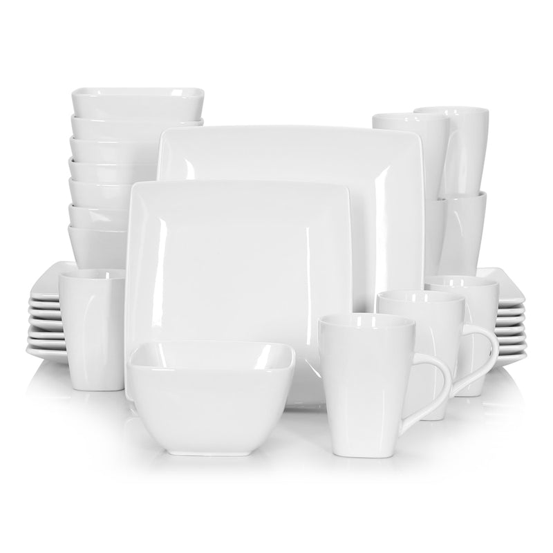 16/32/48-Piece White Ceramic Porcelain Square Dinnerware