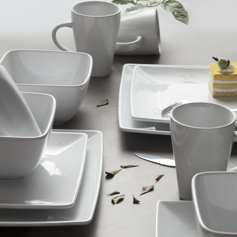 16/32/48-Piece White Ceramic Porcelain Square Dinnerware