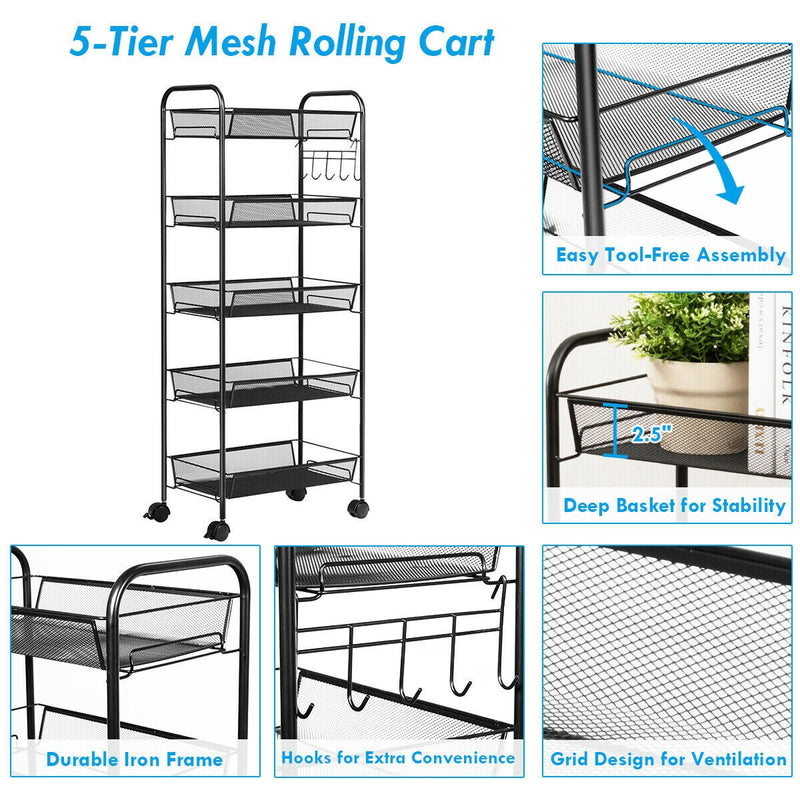 5 Tier Mesh Rolling File Utility Cart Storage Basket Home Office Kitchen Black
