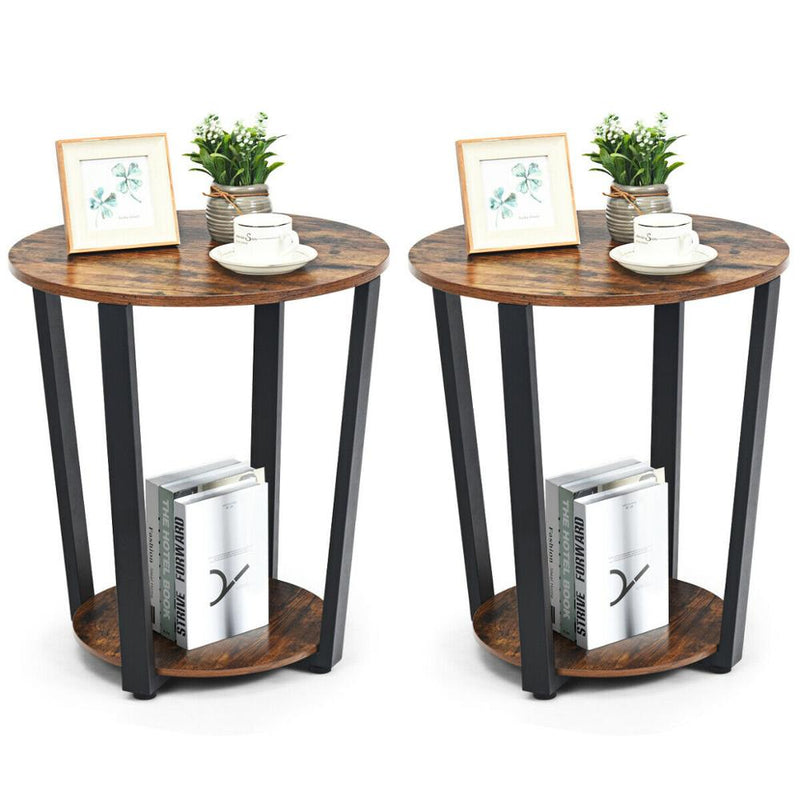 Set of 2 Industrial End Table Sofa Side Table Metal Frame Nightstand w/ Shelf 2*