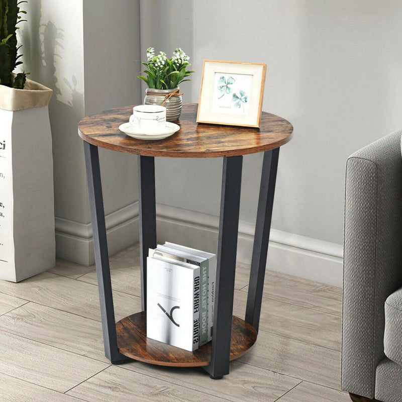 Set of 2 Industrial End Table Sofa Side Table Metal Frame Nightstand w/ Shelf 2*