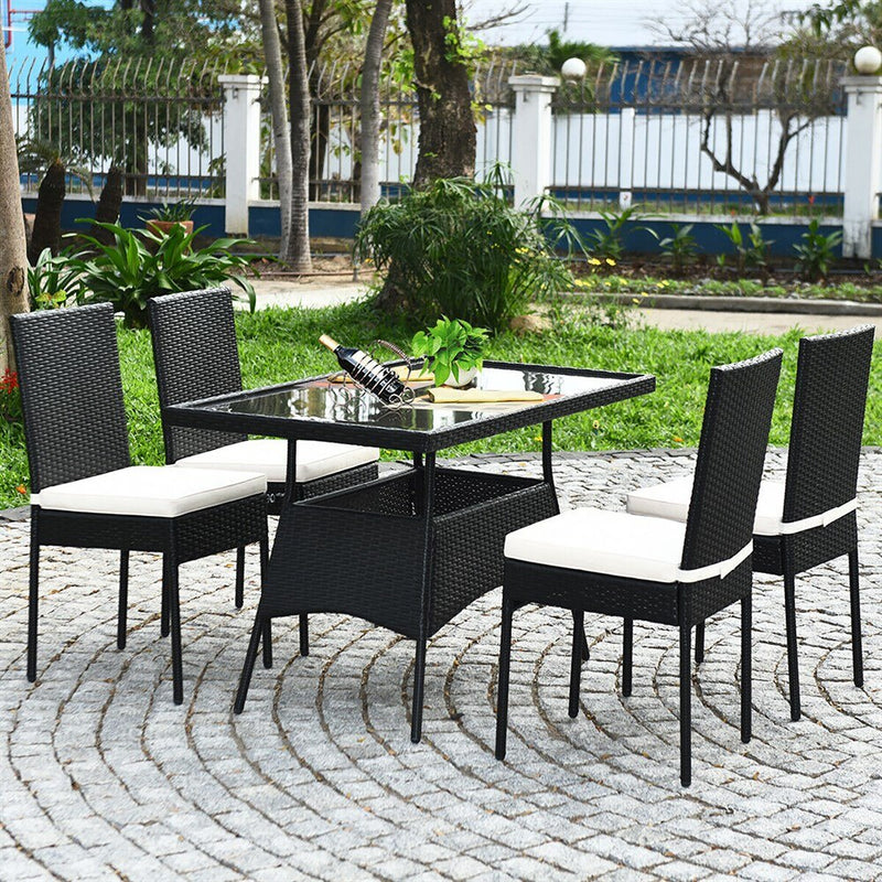 5PCS Patio Rattan Dining Set Cushioned Chair Table w/Glass Top Garden Furniture