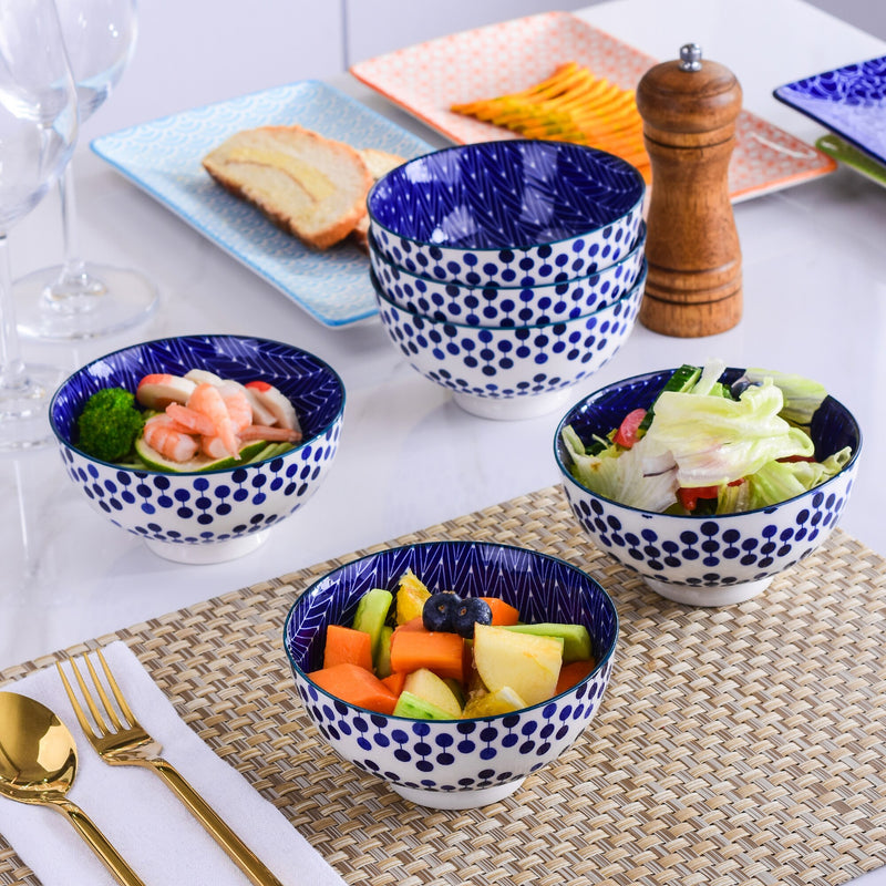6-pieces Japanese Style Design Ceramic Bowls Set Blue and White Spot Bowl