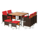 9PCS Patio Rattan Dining Set Cushioned Chairs Ottoman Wood Table Top Outdoor