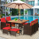 9PCS Patio Rattan Dining Set Cushioned Chairs Ottoman Wood Table Top Outdoor