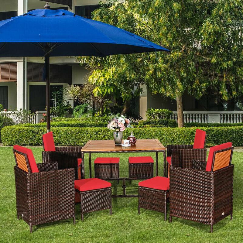 9PCS Patio Rattan Dining Set Cushioned Chairs Ottoman Wood Table Top Outdoor