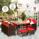 9PCS Patio Rattan Dining Set Cushioned Chairs Ottoman Wood Table Top Outdoor