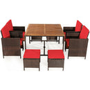 9PCS Patio Rattan Dining Set Cushioned Chairs Ottoman Wood Table Top Outdoor
