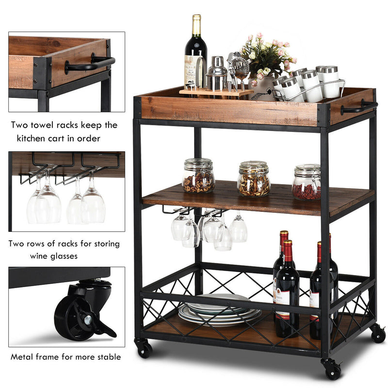 3 Tier Rolling Kitchen Trolley Island Cart Serving Dining Storage Shelf Utility HW64305