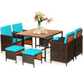 9PCS Patio Rattan Dining Set Cushioned Chairs Ottoman Wood Table Top Outdoor