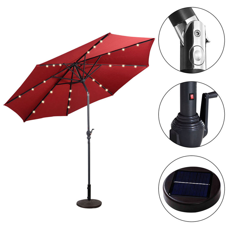 10ft Patio Solar Umbrella LED Patio Market Steel Tilt W/ Crank (Burgundy)