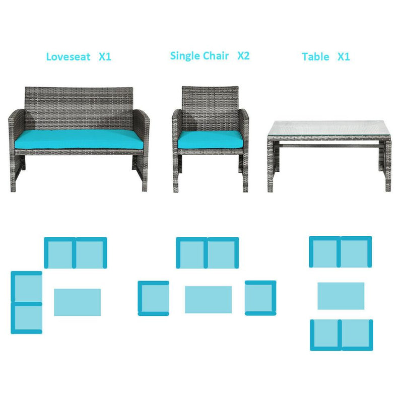 4PCS Patio Rattan Furniture Set Conversation Glass Table Top Cushioned Sofa HW63238