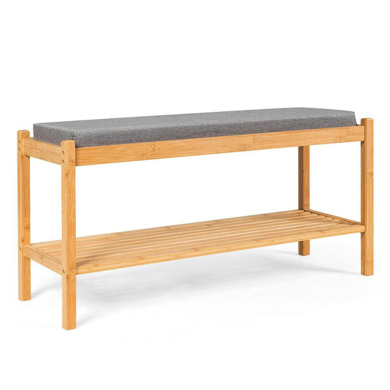 Bamboo Shoe Bench Rack W/Cushion Upholstered Padded Seat Storage Bench