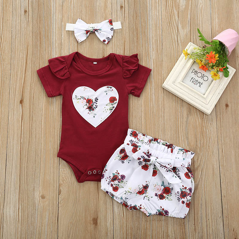 Summer Toddler Kids Baby Girl Infant Clothes Romper Tops Flower Print Pants Headband Bodysuit Outfits